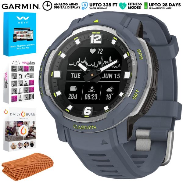 Garmin Instinct Crossover Analog Digital Smartwatch, Blue Granite w  Fitness Kit Discount