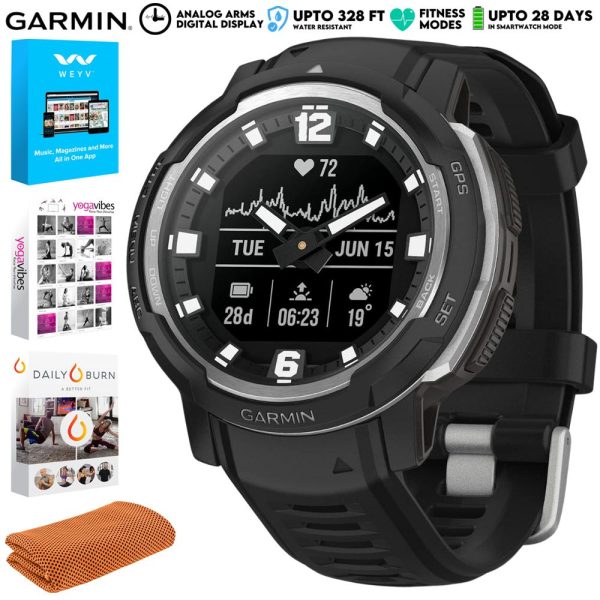 Garmin Instinct Crossover Hybrid Analog Digital Smartwatch, Black w  Fitness Bundle Hot on Sale