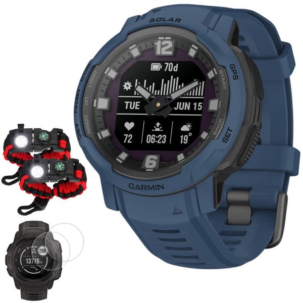 Garmin Instinct Crossover Solar Rugged Smartwatch, Tidal Blue w  Accessories Bundle For Sale